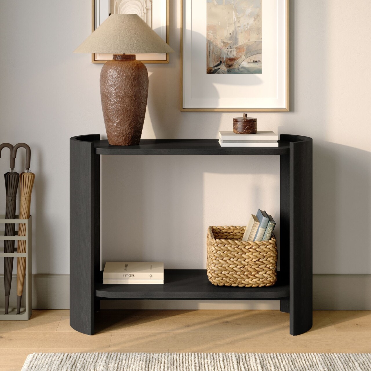 Curved Wood Leg Console Table - Modern Oval Sofa Table with Storage - Mid-Century Narrow Entryway Table - Easy to Assemble Hallway or Living Room Furniture - Black